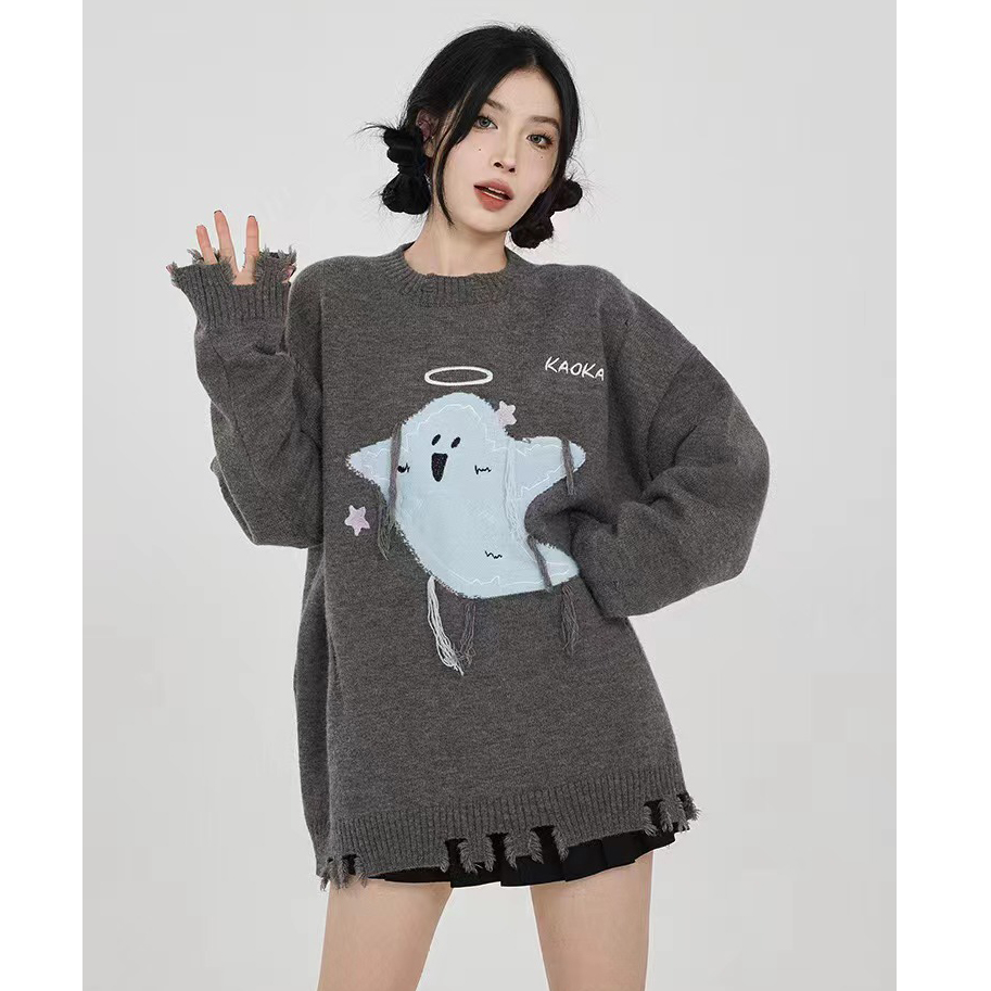 吵吵家 毛衣女春秋冬寬鬆慵懶風小幽靈不規則小眾高級感外套上衣