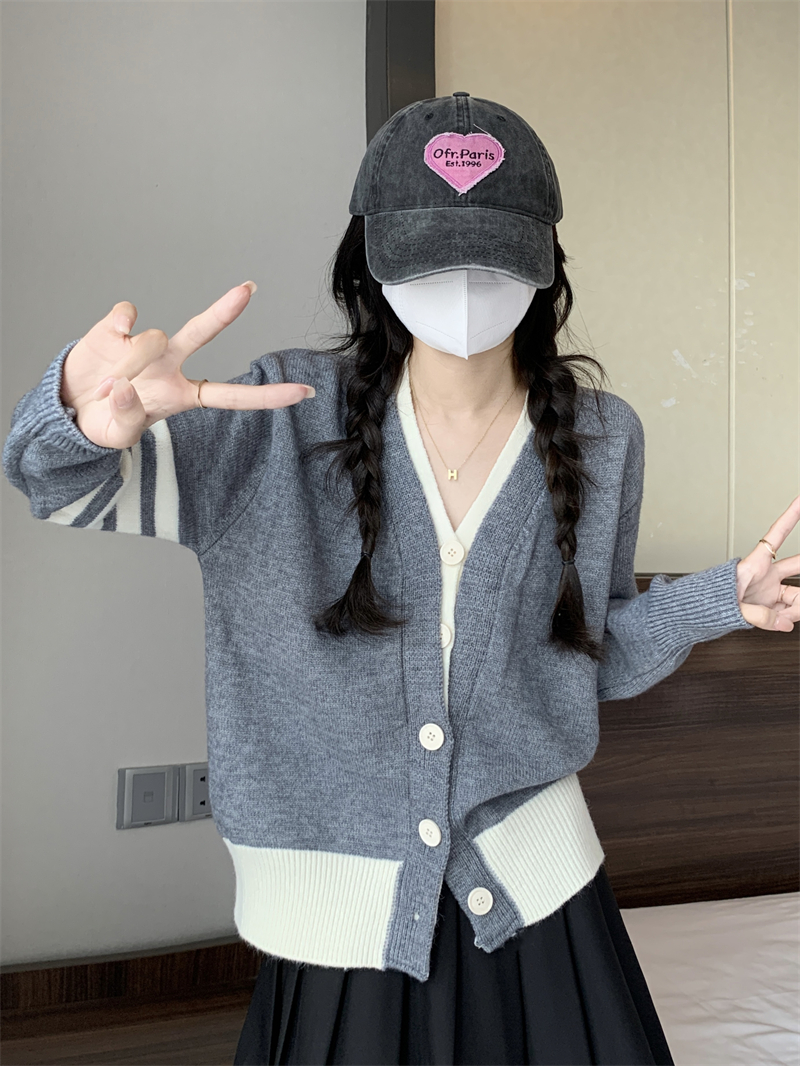 實拍 新款假兩件v領針織開衫寬鬆慵懶風撞色毛衣設計感小眾上衣