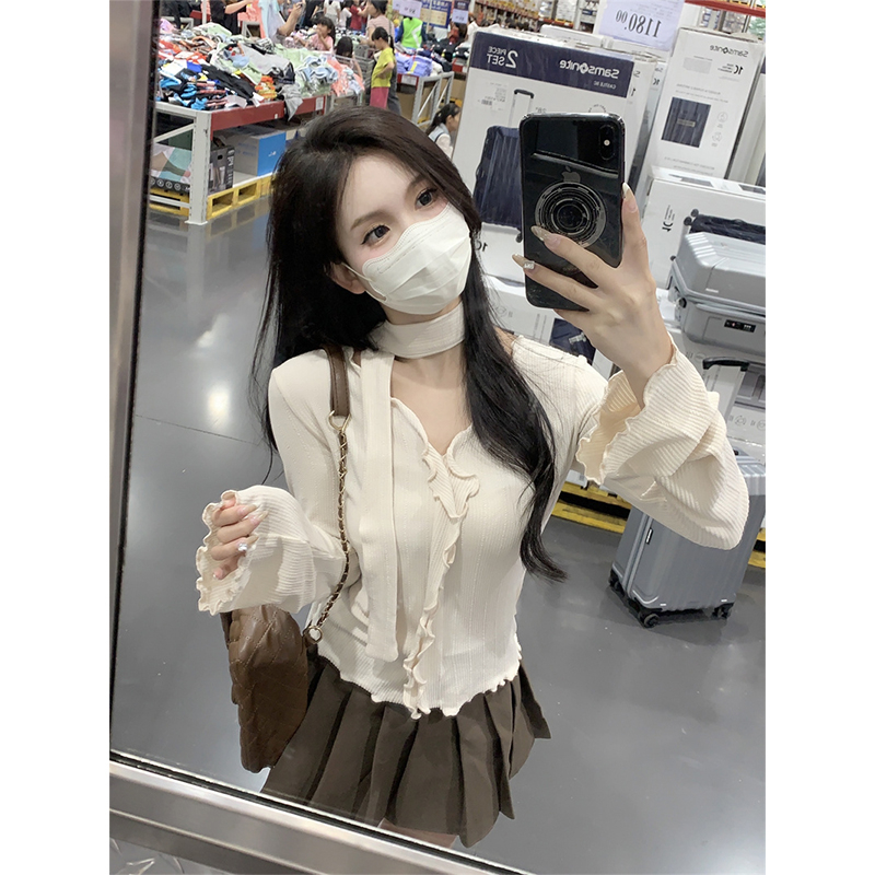 French Sweet and Spicy Pure Desire Ruffle Collar Bottoming Shirt Autumn New Fashionable Versatile Long Sleeve Inner Top for Women