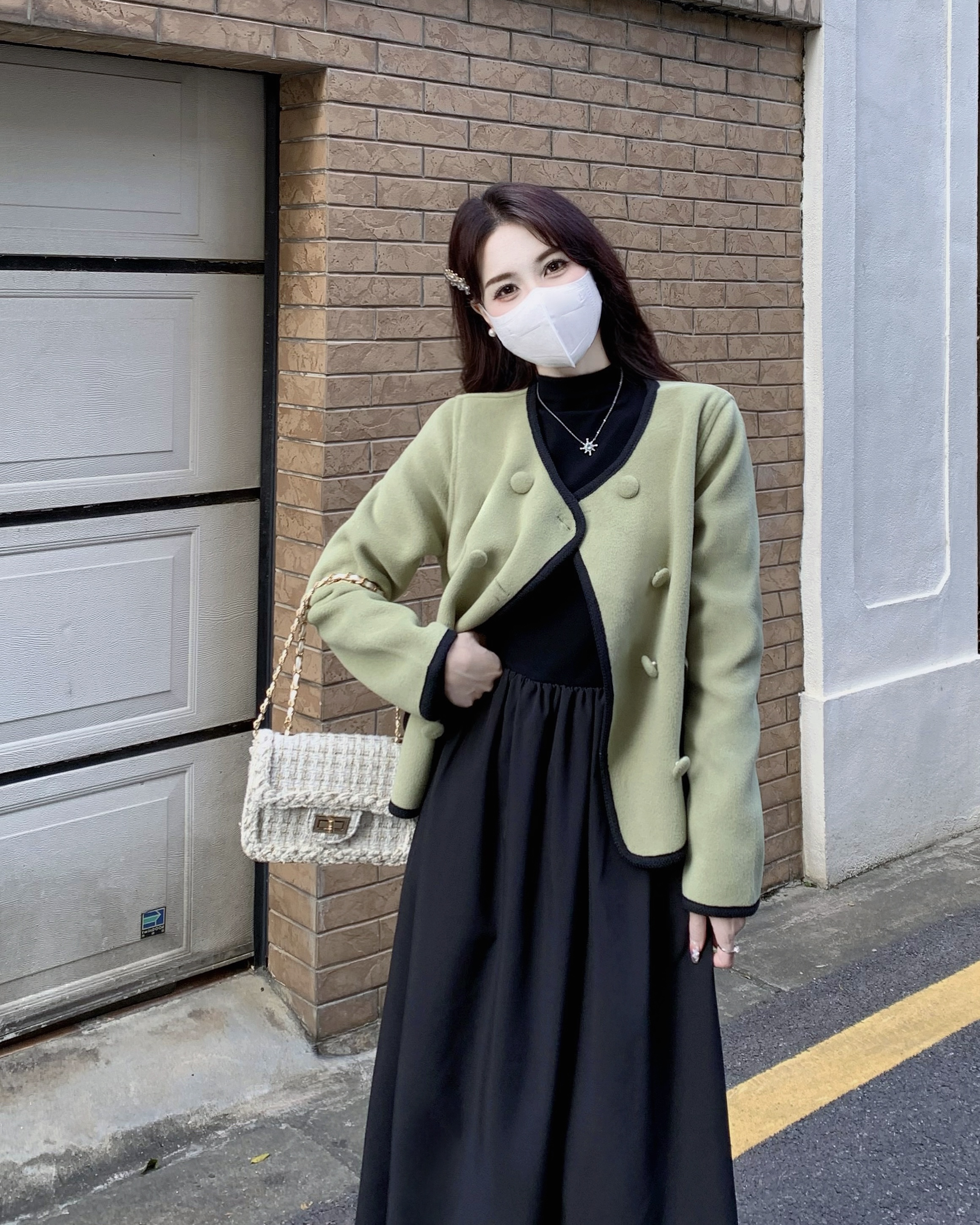 實拍  大碼小香風綠色外套女秋冬季短款雙面呢外套針織連衣裙套裝