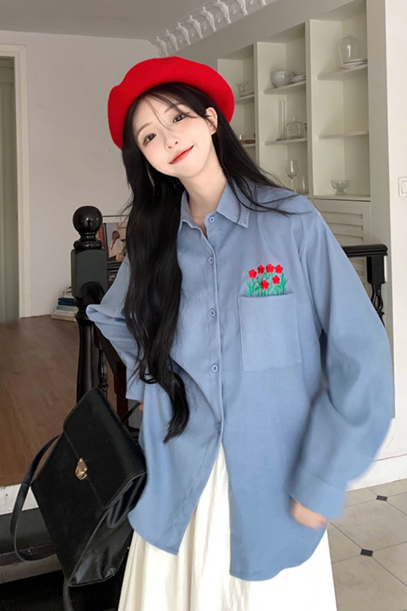 日系刺繡襯衫女秋季2023新款寬鬆顯瘦慵懶風設計感休閒長袖上衣潮