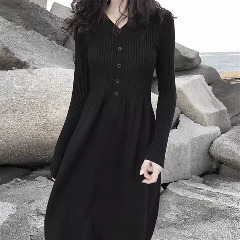 毛衣女秋冬外穿長袖打底衫韓版中長款修身洋氣過膝百搭針織連衣裙