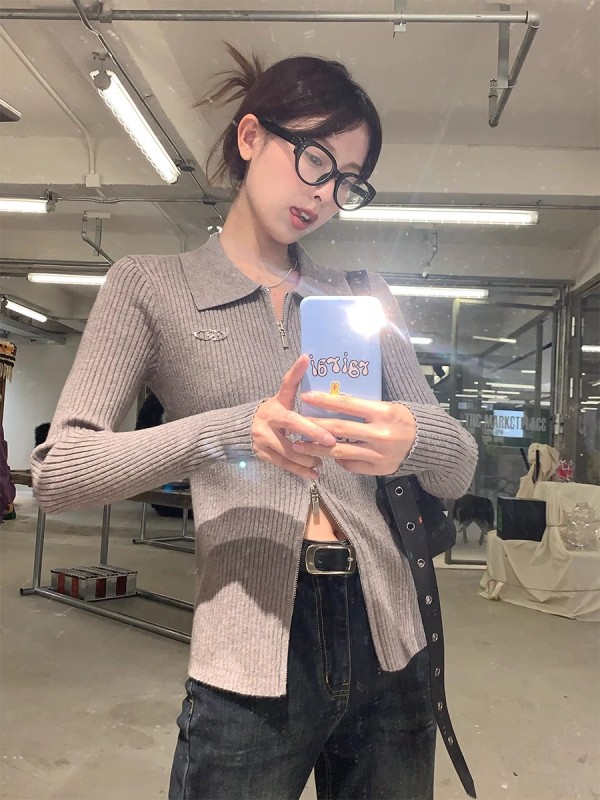 RAINY 美式辣妹坑條設計感雙頭拉鏈開衫春秋女修身翻領毛針織衫