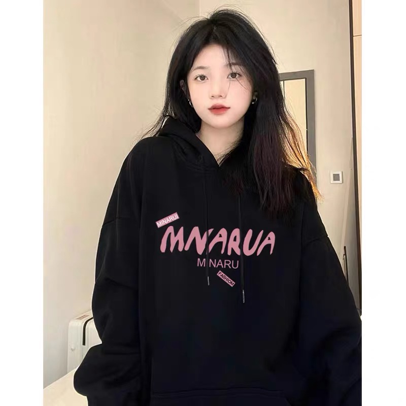 歐貨黑色美式復古衛衣女士純棉秋冬加絨加厚寬鬆oversize連帽外套