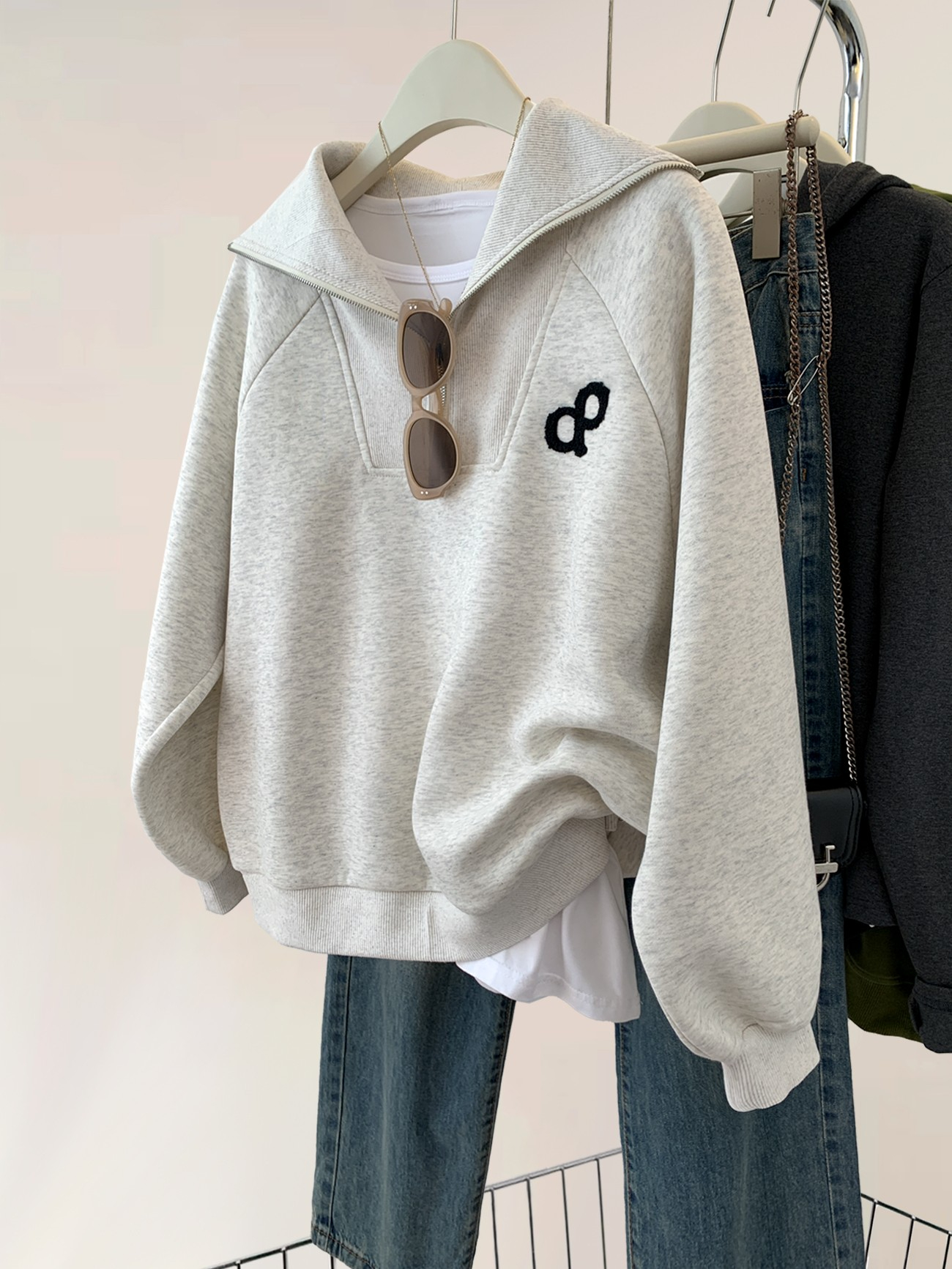 Pure cotton Chinese cotton composite fabric gray lapel half zipper pullover sweatshirt for women spring and autumn coat top