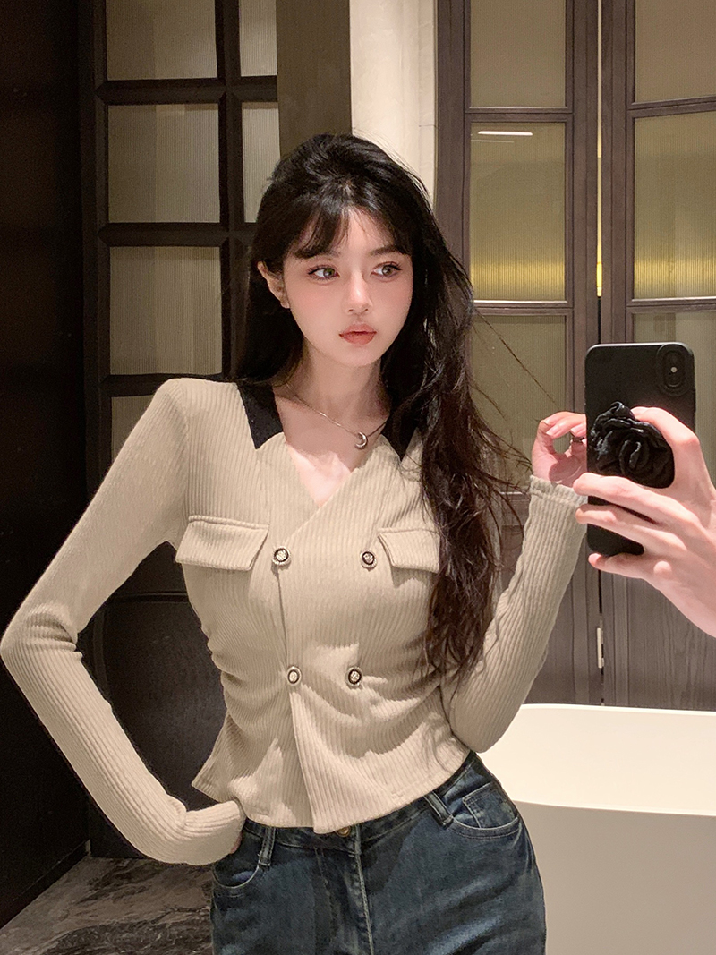 實拍 純欲辣妹修身短款雙排扣針織開衫v領打底上衣