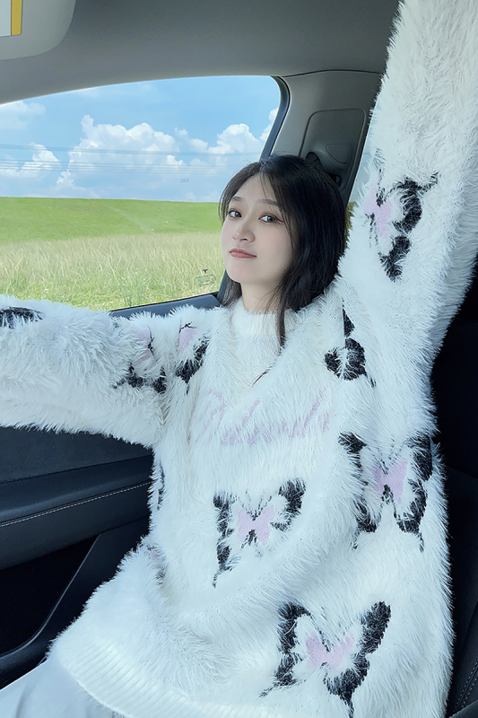 DYXY美式慵懶風蝴蝶秋冬毛衣設計感圓領小眾套頭寬鬆針織衫女上衣