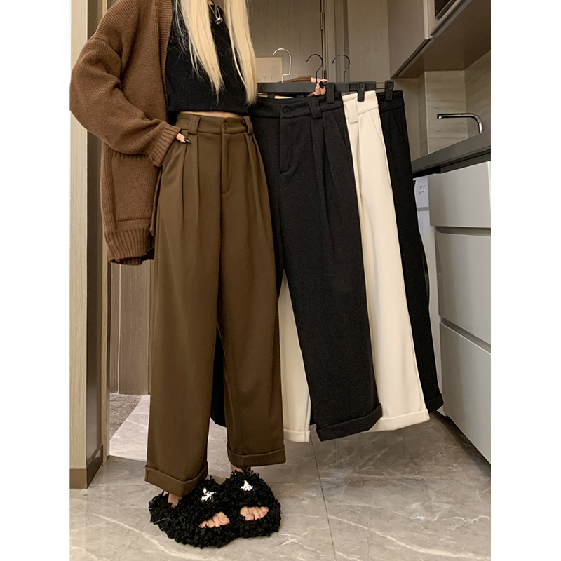 實拍2023秋冬季新款加厚呢子西裝褲闊腿褲女寬鬆個性收腳九分褲子