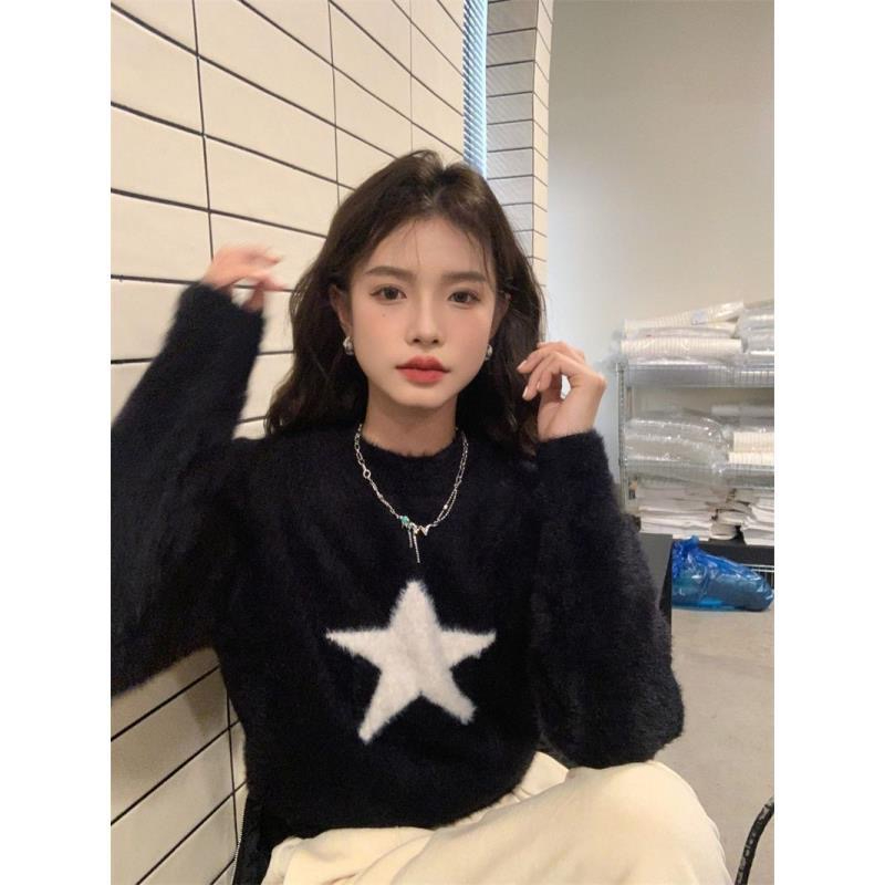 軟糯星星短款毛衣女套頭圓領高腰修身加厚黑色上衣辣仿貂毛高檔