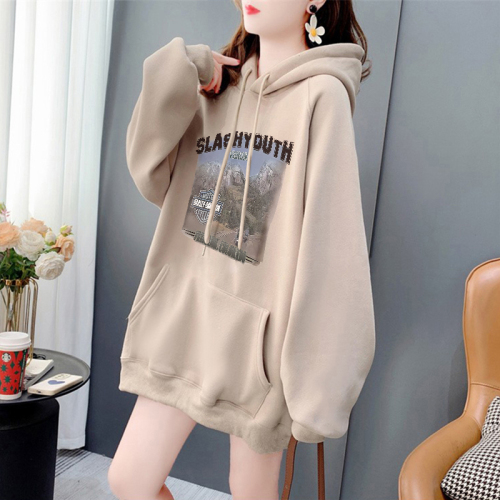 Hooded letter print mid-length velvet sweatshirt 2023 autumn and winter new age-reducing tops and jackets for women loose