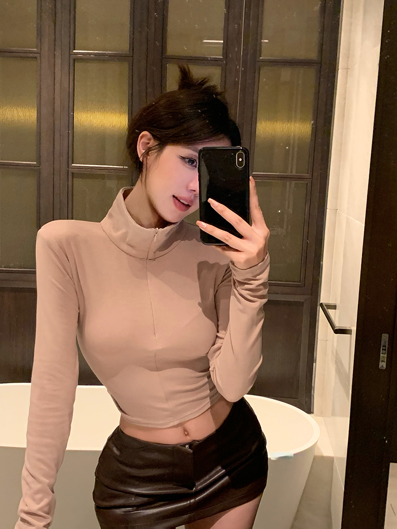 實拍！黑色美式v領長袖polo打底衫女秋修身內搭短款上衣2322