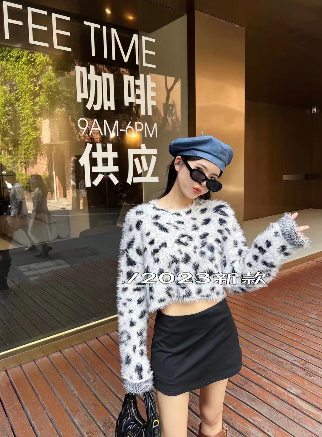 仿貂絨寬鬆短款長袖毛衣女秋冬時尚豹紋馬海毛慵懶風洋氣chic外套