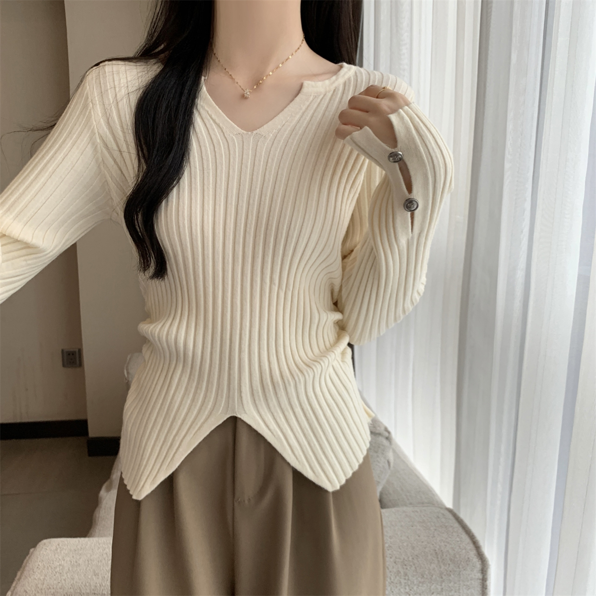 實拍 秋冬韓版修身氣質半開領褶皺安迪絨內搭針織打底女毛衣