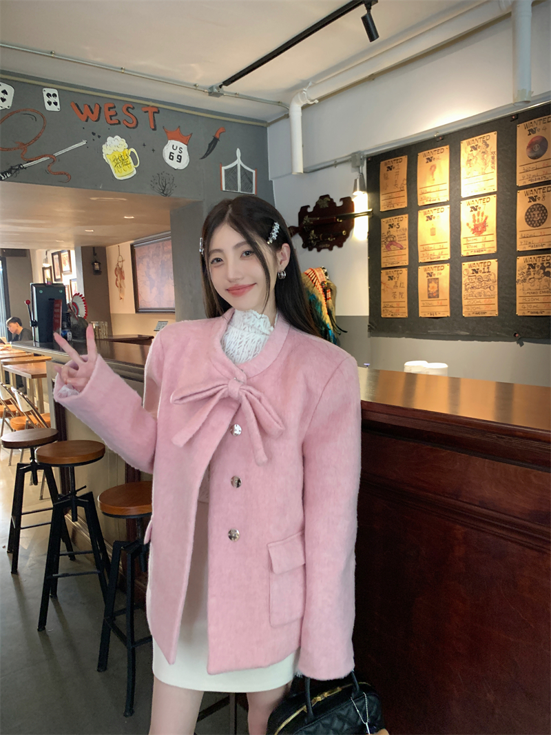 實拍 羊毛大衣女高級感呢子粉色夾棉毛呢外套+雷瑟打底