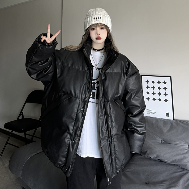 實拍#加厚pu皮立領棉服女2023新款oversize男女同款保暖棉衣外套