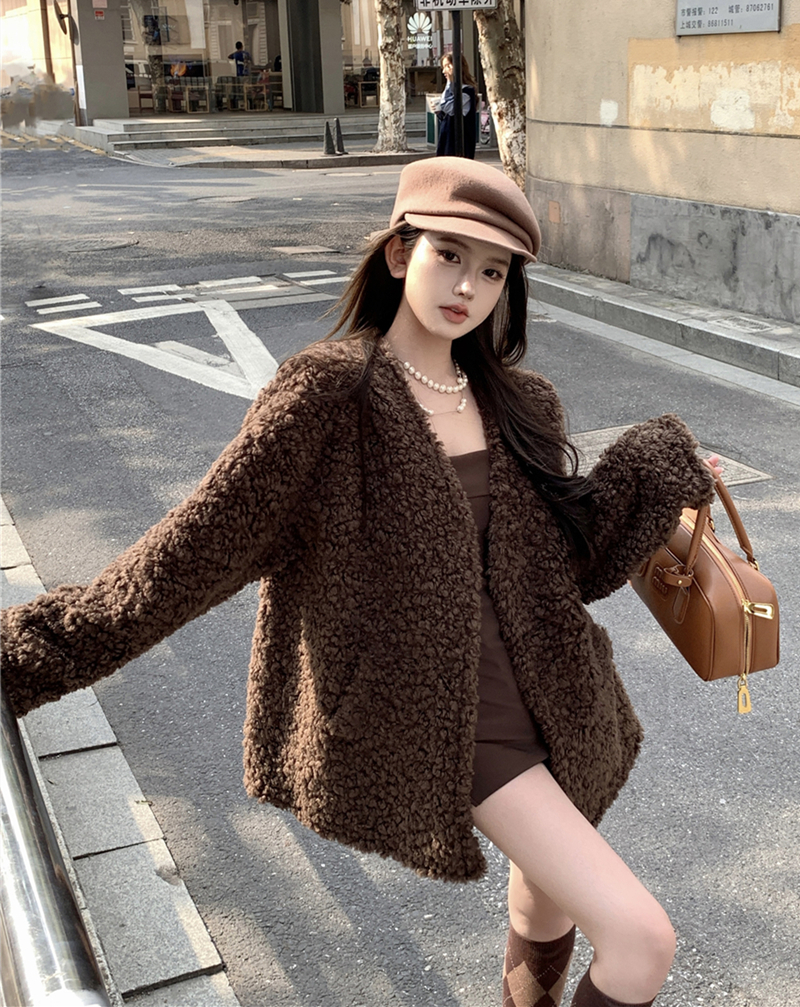 實拍秋冬復古V領高級感毛毛外套開衫女