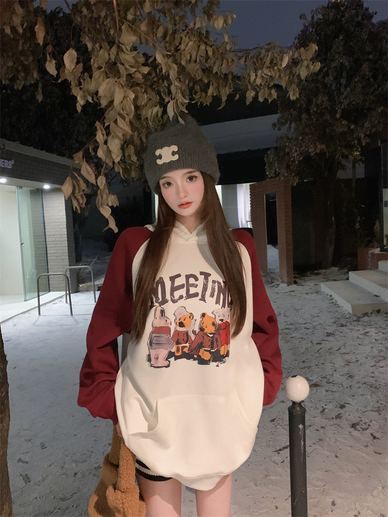 實拍 2023新款酒紅色插肩長袖衛衣女oversize寬鬆印花連帽上衣