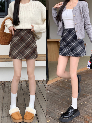 Real shot ~ Large size fat mm autumn and winter woolen plaid skirt high waist slimming versatile plaid a-line skirt