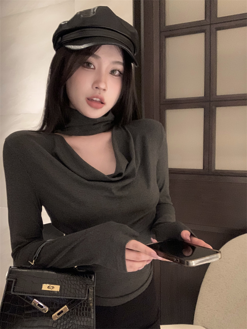 實拍 溫柔純欲風盪領鏤空設計長袖T恤女秋冬韓系內搭外穿上衣