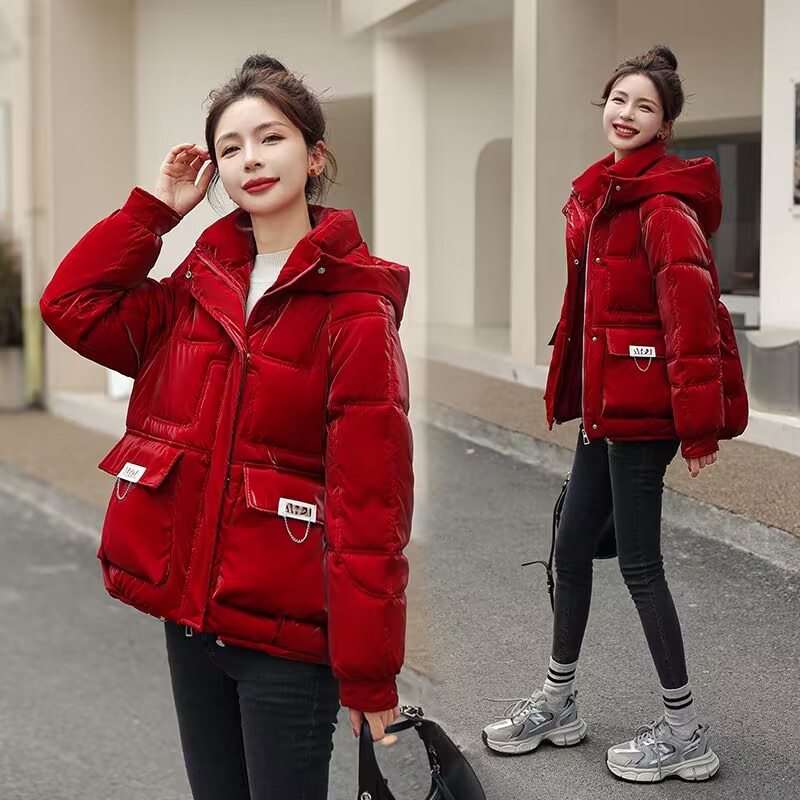 實拍 2023新款冬季羽絨服女韓版拼色亮面免洗羽絨棉服女寬鬆外套