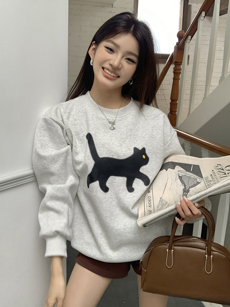 實拍2023秋冬新款華棉超柔潮牌黑貓咪印花寬鬆圓領衛衣女加絨上衣