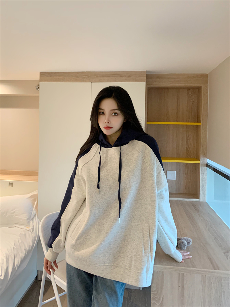 實拍~加絨連帽衛衣女款秋冬寬鬆慵懶風設計感小眾上衣