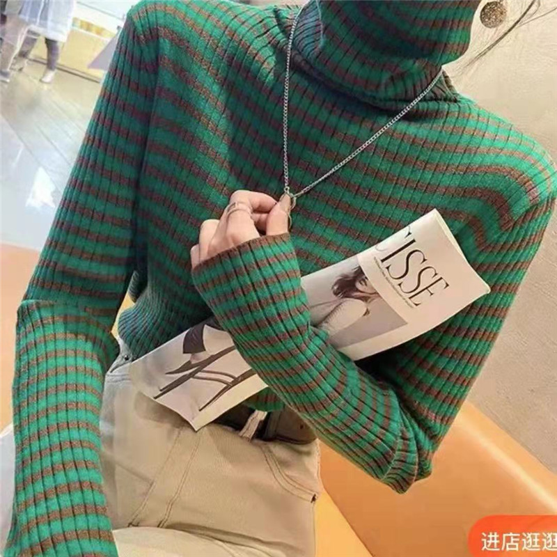 條紋高領打底衫女秋冬2023年新款百搭修身顯示堆堆領毛衣內搭上衣