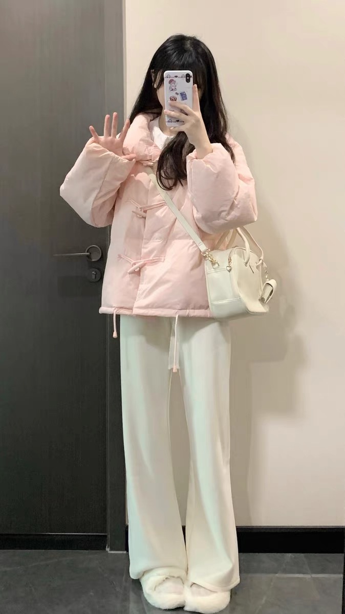 粉色牛角扣短款羽絨棉服女冬季2023新款小個子高級感棉衣棉襖外套