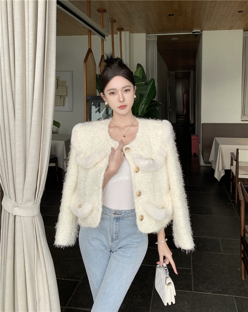 實拍小香風粗花呢白色毛毛外套名媛氣質高級感單排扣長袖上衣
