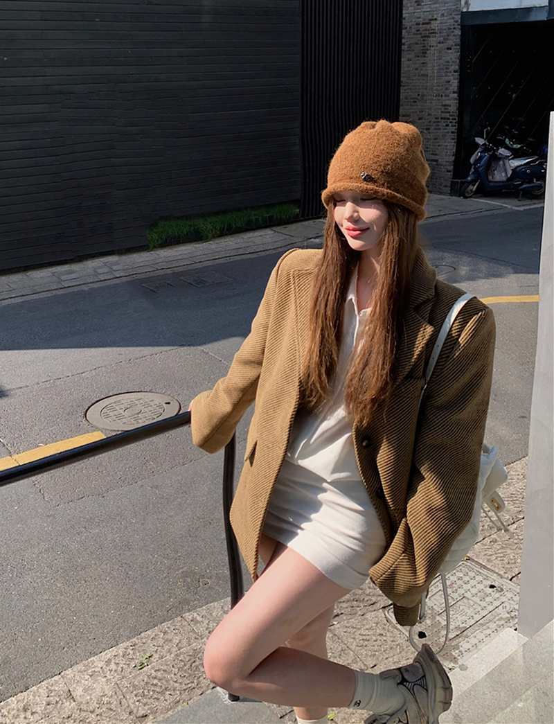 實拍秋冬復古黃色斜紋西裝寬鬆呢子大衣外套加棉女