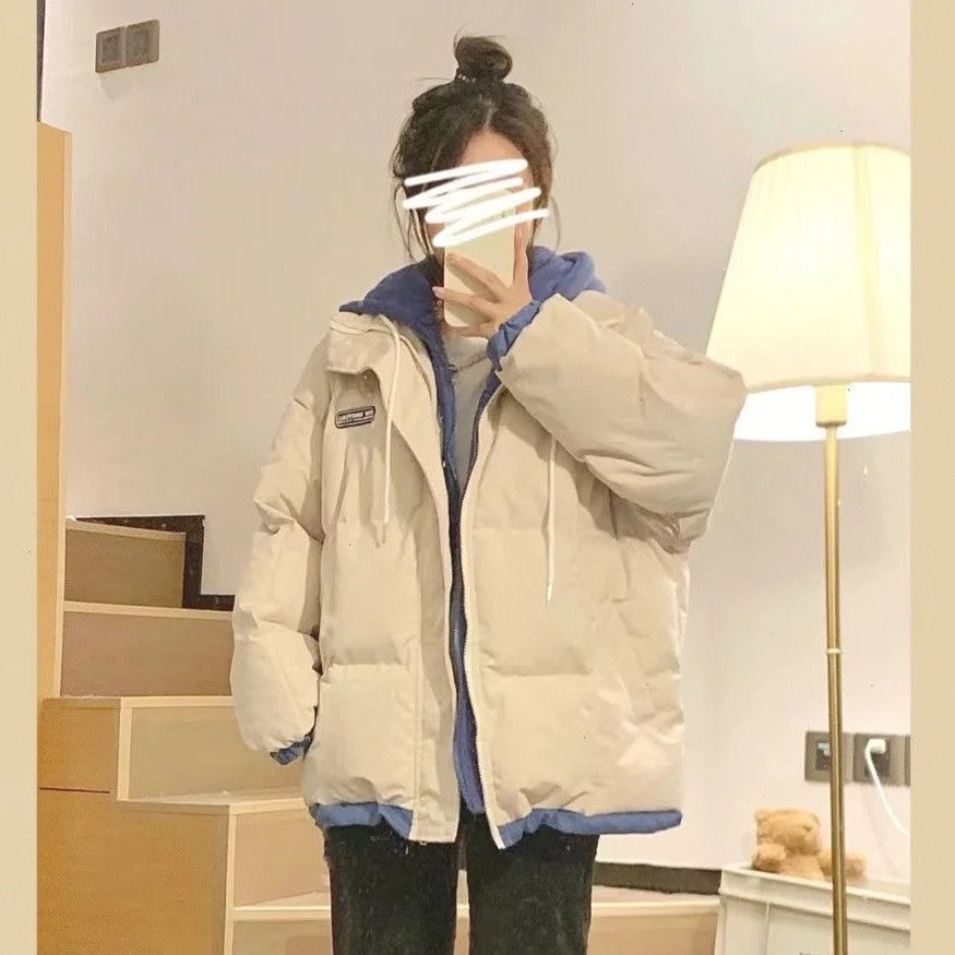 Korean style color-blocked hooded fake two-piece cotton-padded jacket for women students winter new thickened loose versatile cotton-padded jacket