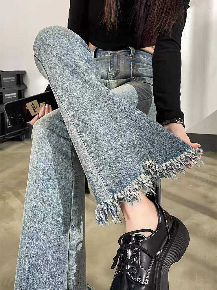 微喇叭牛仔褲女秋季2023年新款高腰顯瘦小個子九分喇叭牛仔褲子女
