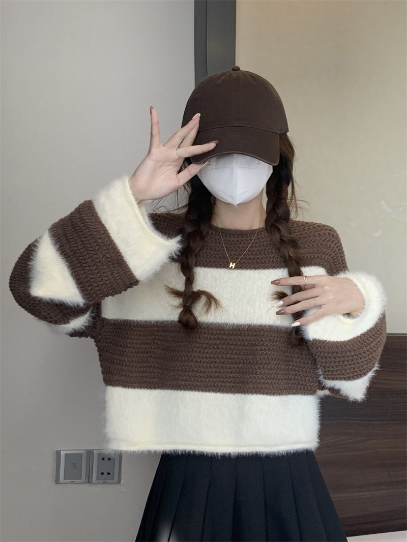 實拍 秋季韓版小眾別致條紋撞色毛衣短款軟糯復古寬鬆上衣女