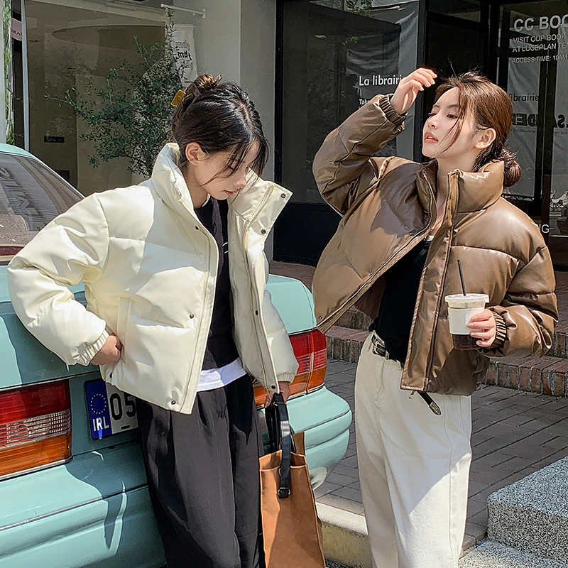 實拍美式復古pu皮棉服女2023冬新款短款時尚寬鬆小個子麵包服外套