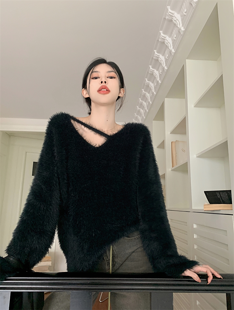 實拍~仿水貂毛軟糯上衣女秋冬外穿寬鬆奶呼呼V領針織毛衣