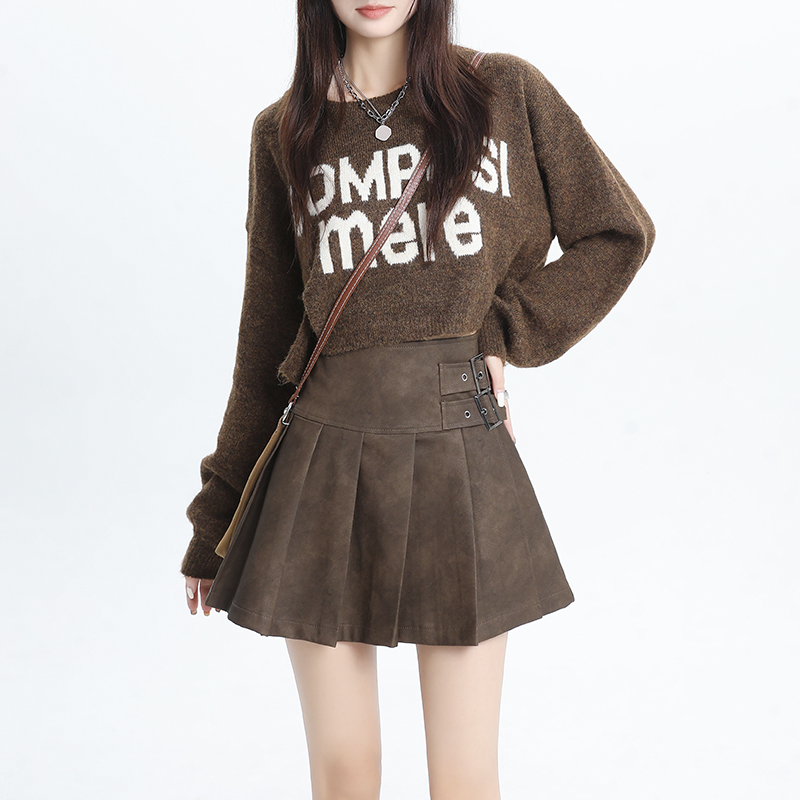 Real shot of leather skirt skirt for women 2023 autumn and winter new style gray pu small leather skirt high waist a-line skirt hip-covering short skirt