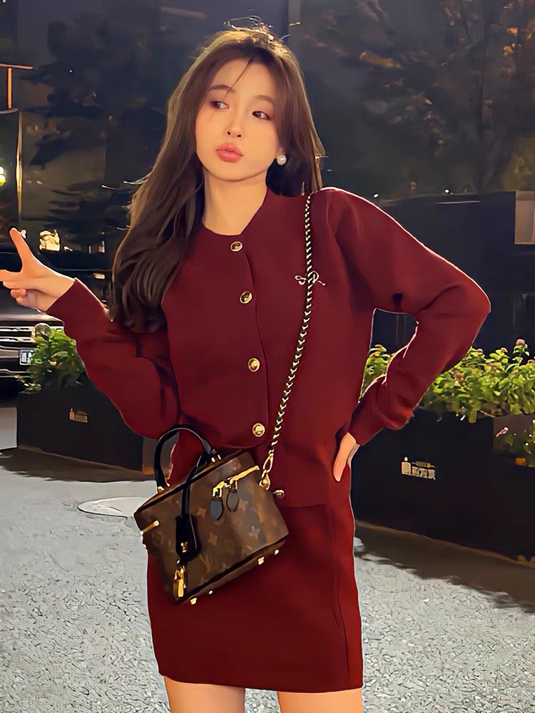 時尚名媛輕奢套裝女秋季新款休閒長袖開衫針織+半身裙甜美兩件套