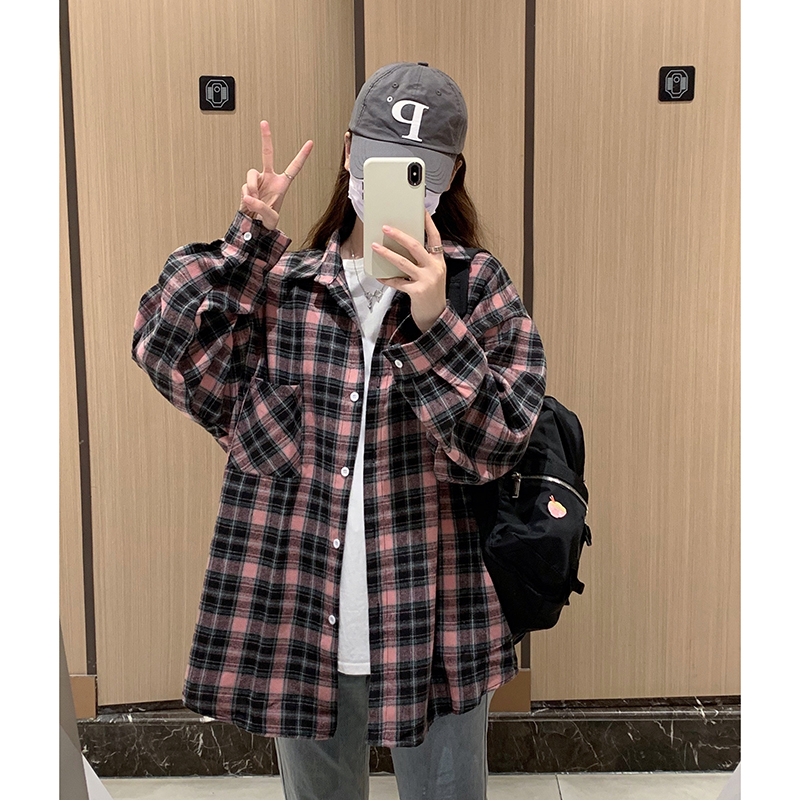 實拍 寬鬆bf風格子襯衫女港味復古休閒百搭中長款開衫外套