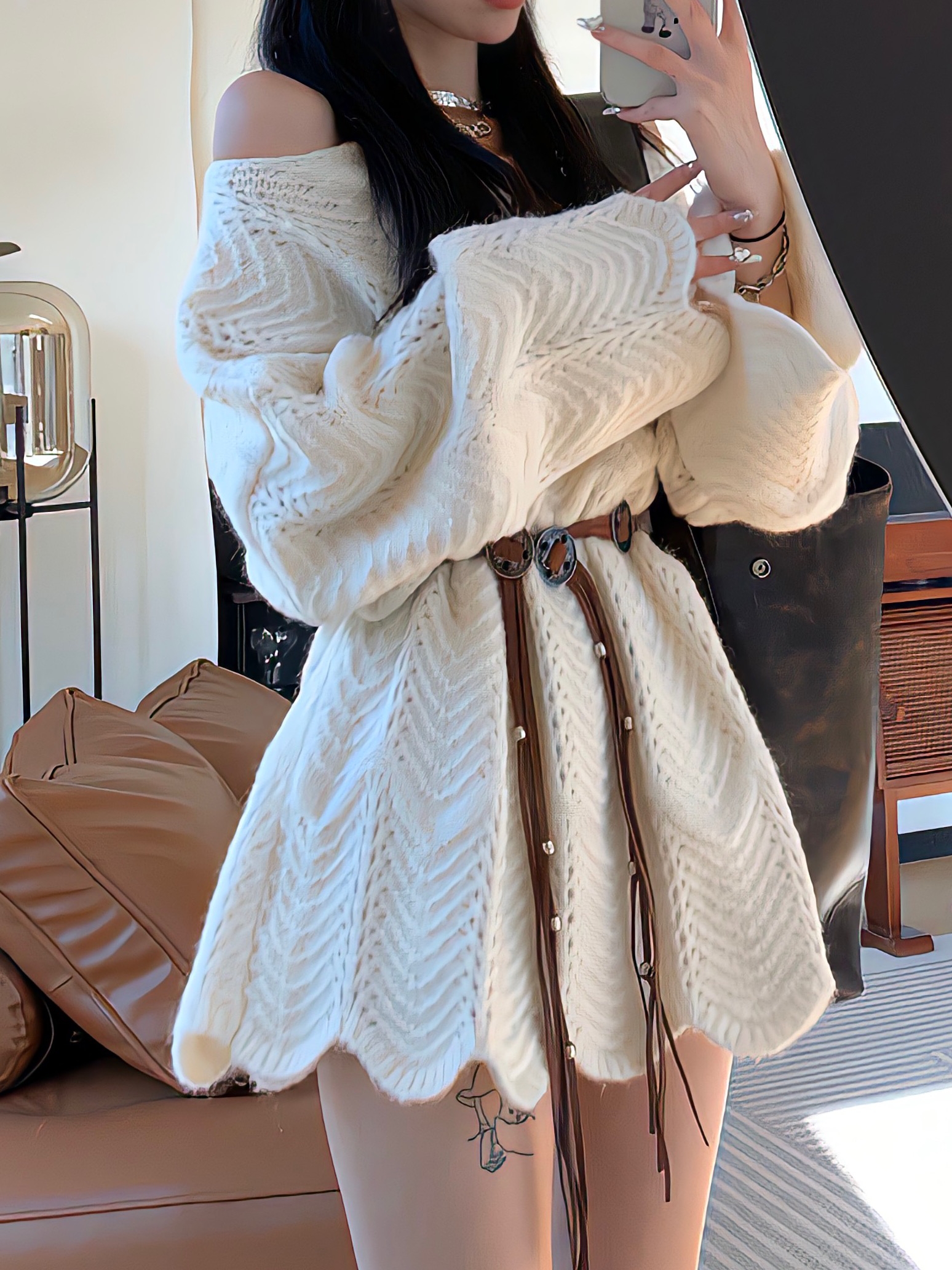 Korean irregular lace hollow knitted belted top for women with gentle autumn style and sweet off-shoulder loose pullover