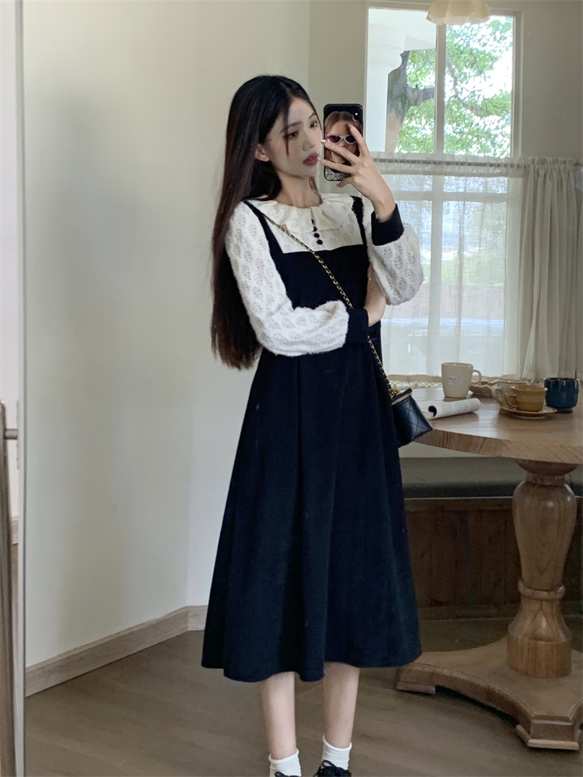 實拍 秋季高級感燈芯絨溫柔風連衣裙女長袖拼接氣質假兩件長裙子