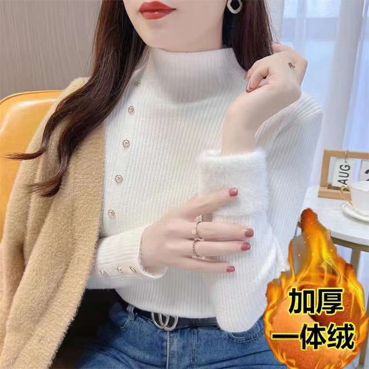 秋冬套頭加絨加厚保暖一體絨毛衣女內搭大碼半高領針織衫打底上衣
