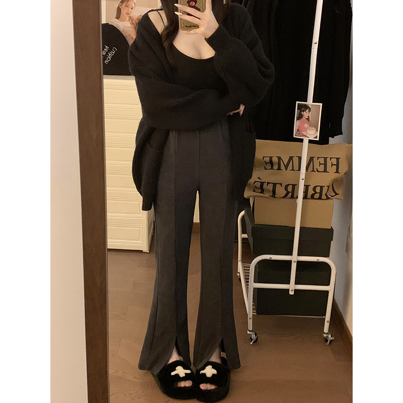 實拍2023秋冬季鬆緊腰休閒褲慵懶風垂感微喇叭修身開叉褲女
