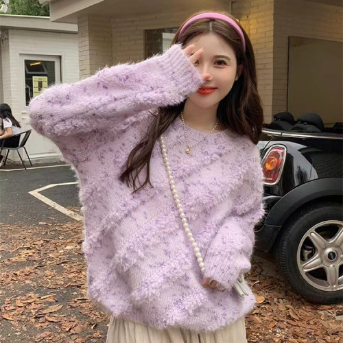 Purple gentle style design soft waxy long-sleeved sweater women's autumn and winter new style loose mid-length plush