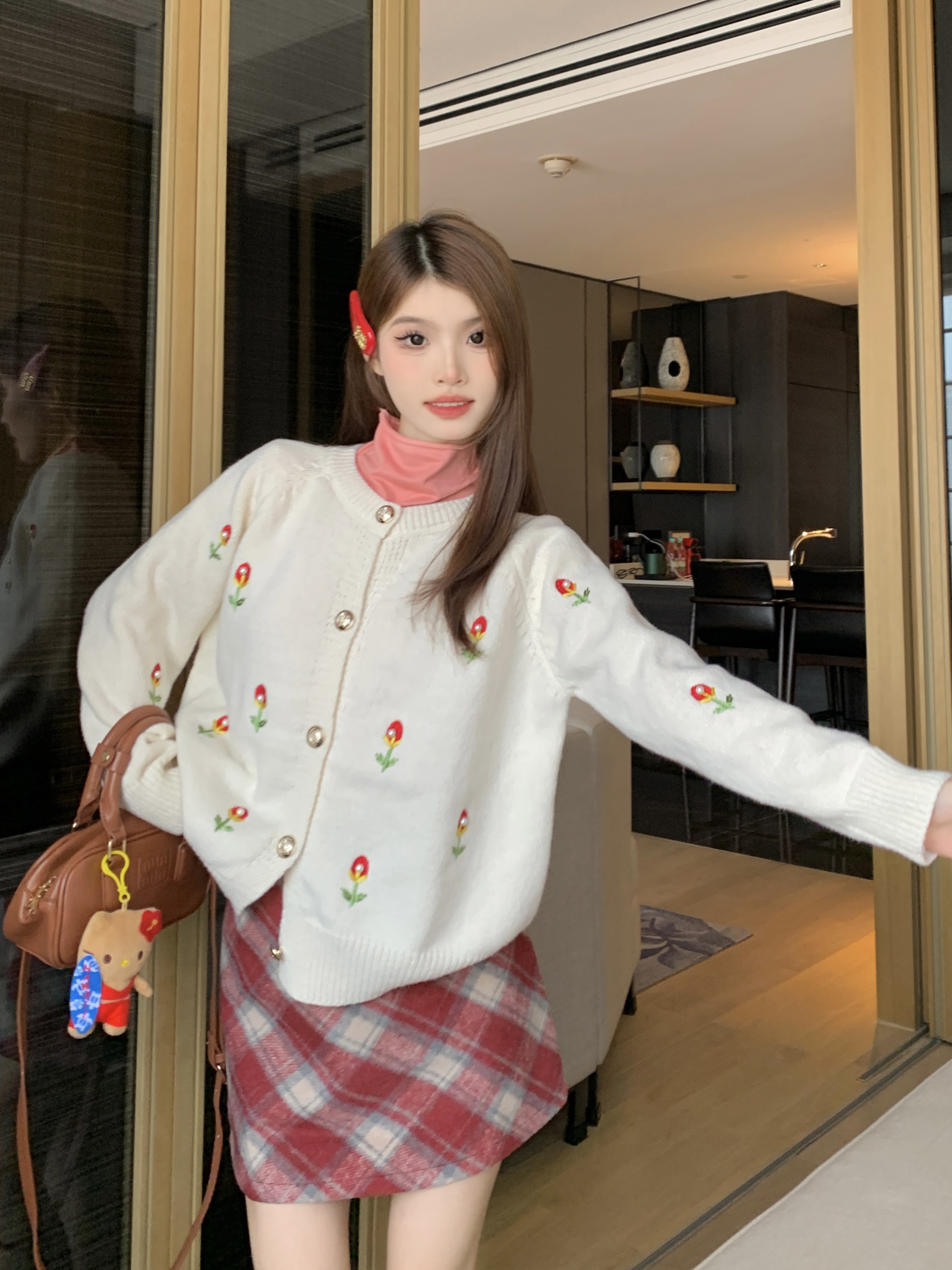 實拍 套裝溫柔風軟糯圓領花朵針織開衫女甜美減齡寬鬆毛衣