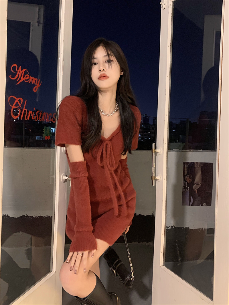 實拍節日氛圍裙~紅色裙子聖誕新年戰裙仿貂絨連衣裙