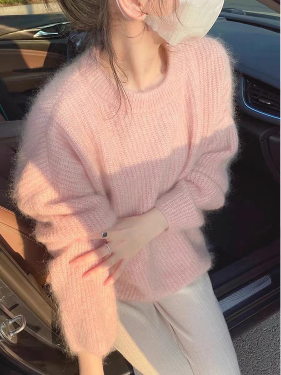 秋冬高級感小個子日系粉色毛衣寬鬆復古洋氣設計感小香風針織上衣