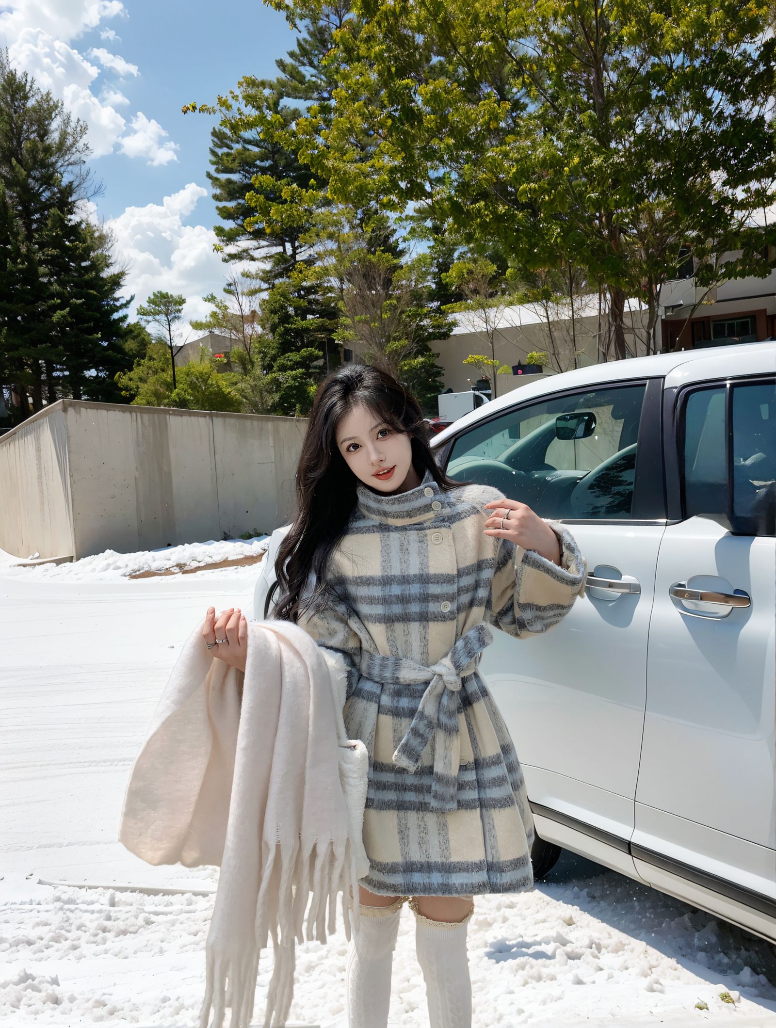 Real shot ~ blue and white plaid lazy style woolen coat winter 2023 thickened Korean style gentle style woolen coat large size