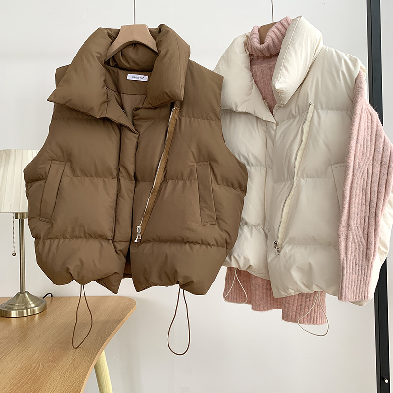 Down Jacket Vest Women's 2023 Autumn and Winter New Korean Style Loose Cotton Waistcoat Solid Color Cotton Vest Jacket