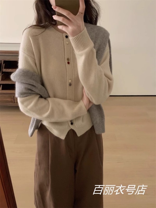蜜熊絨5206韓系洋氣彩扣圓領長袖針織開衫百搭減齡軟糯毛衣外套女