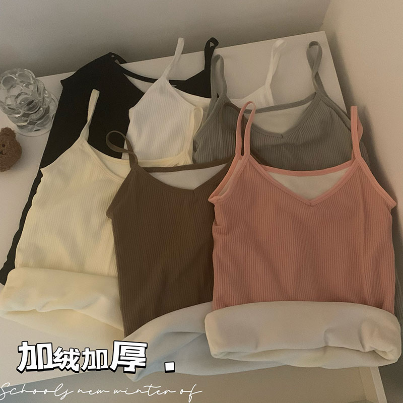 實拍 加絨加厚吊帶背心女小v領百搭修身顯瘦內搭打底保暖上衣